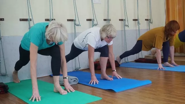 A group of senior women are doing floor exercises on yoga mats